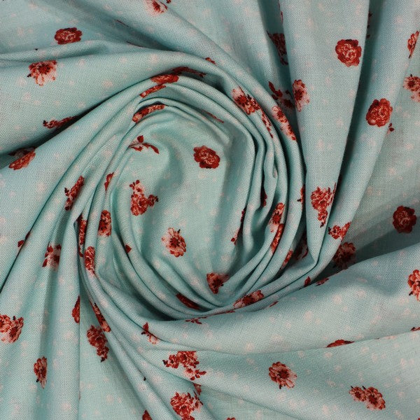 Sea Green & Red flowery print linen (RT-1161)