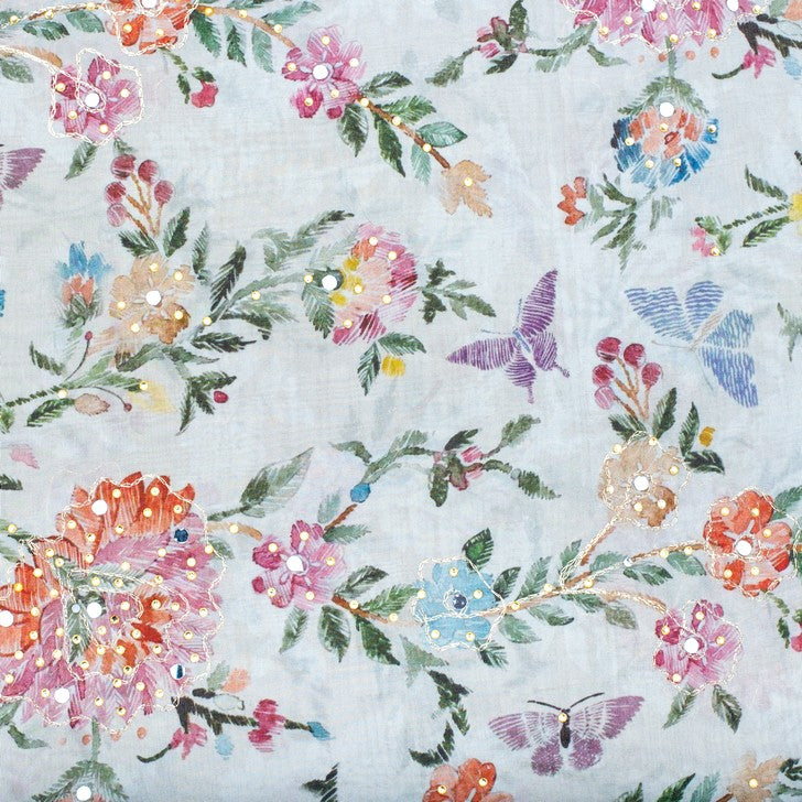White and multicoloured flowery embroidered fabric (RT-1387)