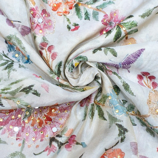 White and multicoloured flowery embroidered fabric (RT-1387)