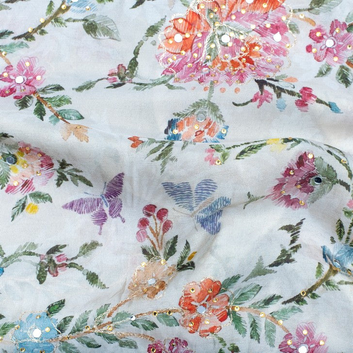 White and multicoloured flowery embroidered fabric (RT-1387)