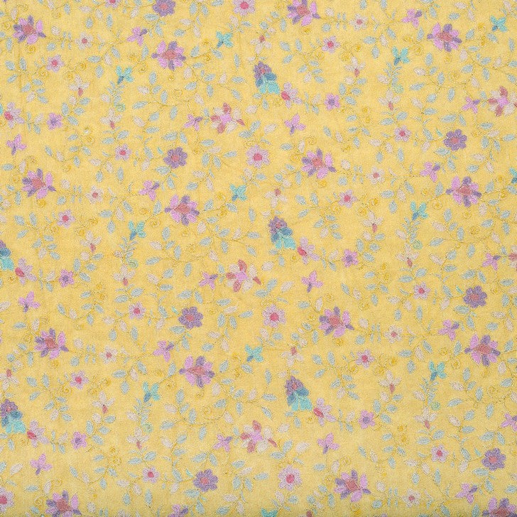 Yellow flowery print pure silk embroidered fabric (RT-1381)