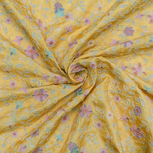 Yellow flowery print pure silk embroidered fabric (RT-1381)