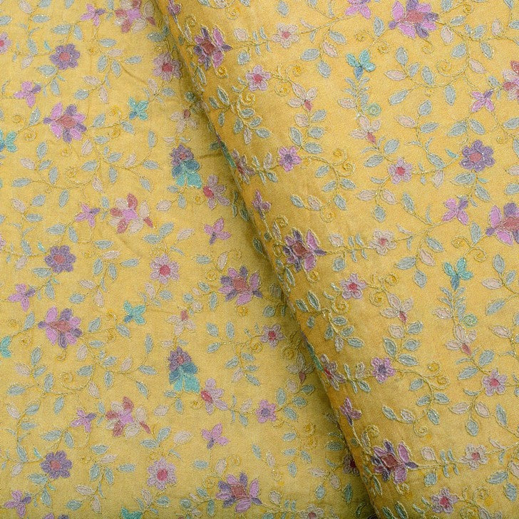 Yellow flowery print pure silk embroidered fabric (RT-1381)