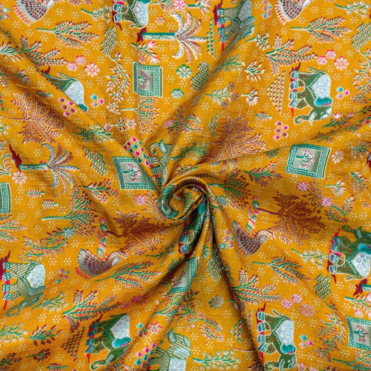 Yellow rajasthani elephant print pure silk fabric (RT-1382)