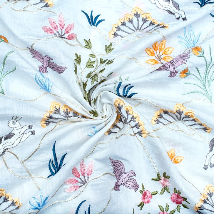 White and multicoloured jungle theme pure silk embroidered fabric (RT-1385)