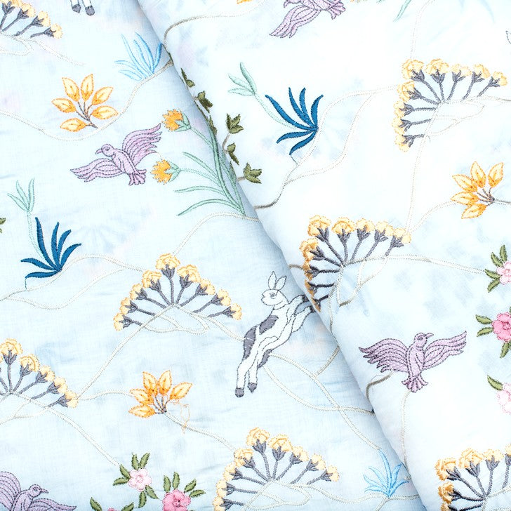 White and multicoloured jungle theme pure silk embroidered fabric (RT-1385)