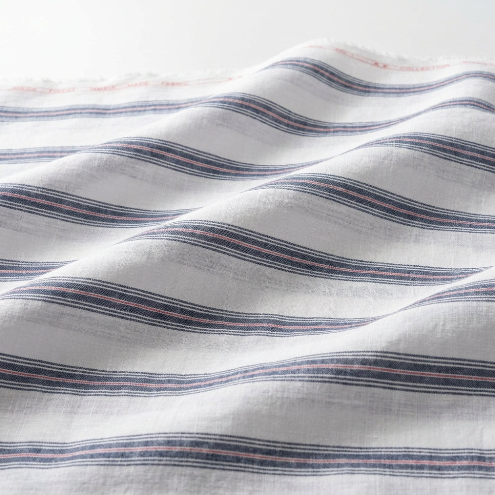 White and Blue Broad Stripes European Linen