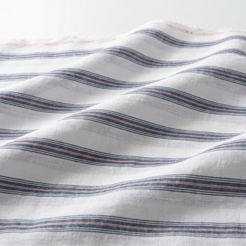 White and Blue Broad Stripes European Linen